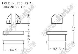 MSB-2.8 фиксатор платы с защелкой в плату; dп=2,3мм; s=1,6мм; нейлон-66 (UL); натуральный