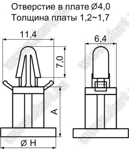 MBS-6 фиксатор платы с защелкой; dп=4,0мм; s=1,2...1,7мм; нейлон-66 (UL); A=6,4мм; B=11,4мм; H=11,8мм; натуральный