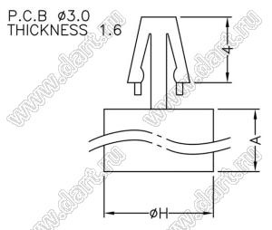 DCB-3 фиксатор платы с защелкой; A=3,0мм; E=1,6мм; H=6,8мм; dп=3,0мм; s=Eмм; нейлон-66 (UL); натуральный
