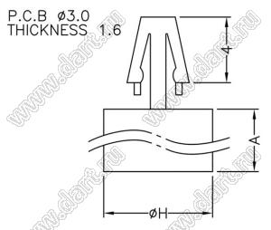DCB-2 фиксатор платы с защелкой; A=2,0мм; E=1,6мм; H=6,5мм; dп=3,0мм; s=Eмм; нейлон-66 (UL); натуральный