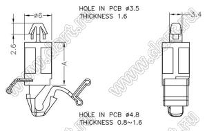 KLCBM-12.7 фиксатор платы с двумя защелками; A=12,7мм; dп=3,5мм; s=1,6мм; d отв.=4,8мм; t=0,8...1,6мм; нейлон-66 (UL); натуральный