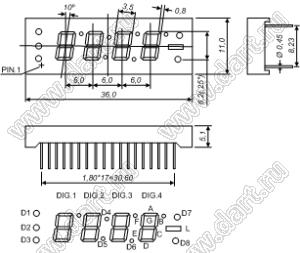 BJ2451DY индикатор светодиодный; 0.25"; 4-разр.; 7-сегм.; желтый; общий анод