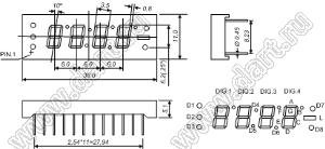 BJ2451AY индикатор светодиодный; 0.25"; 4-разр.; 7-сегм.; желтый; общий катод