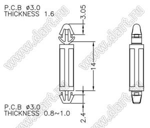 LCGA-14 фиксатор платы с двумя защелками; dп=3,0мм; s=1,6мм; d отв.=3,0мм; t=0,8...1,0мм; нейлон-66 (UL); натуральный