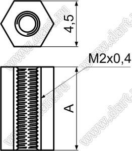 HTP-204 (HP2-4) cтойка шестигранная с внутренней резьбой; M2x0,4; A=4,0мм; нейлон-66; цвет натуральный