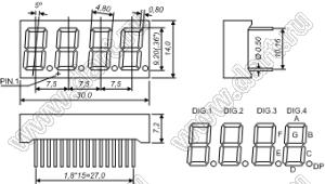 BJ3461LPG индикатор светодиодный; 0.36"; 4-разр.; 7-сегм.; зеленый; общий анод