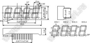 BJ3491APG индикатор светодиодный; 0.39"; 4-разр.; 7-сегм.; зеленый; общий катод