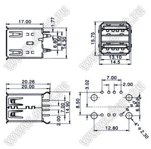 US01-233 (HW-UAF-29) сдвоенные розетки USB2.0 на плату для выводного монтажа прямые вертикальные тип A