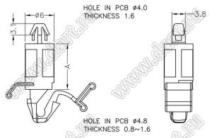 KLCBL-15.9 фиксатор платы с двумя защелками; A=15,9мм; dп=4,0мм; s=1,6мм; d отв.=4,8мм; t=0,8...1,6мм; нейлон-66 (UL); натуральный