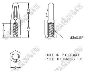 BSCB-10 фиксатор платы с защелкой в плату и отверстием с резьбой М3; dп=4,0мм; s=1,6мм; нейлон-66 (UL); черный; A=10,0мм; B=8,0мм