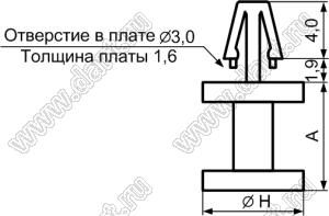 DCB-8 фиксатор платы с защелкой; A=8,0мм; E=1,6мм; H=6,8мм; dп=3,0мм; s=Eмм; нейлон-66 (UL); натуральный