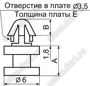 PDC-5 фиксатор платы с защелкой в плату; A=5,0мм; B=2,8мм; E=1,6мм; dп=3,5мм; s=Eмм; нейлон-66 (UL); натуральный