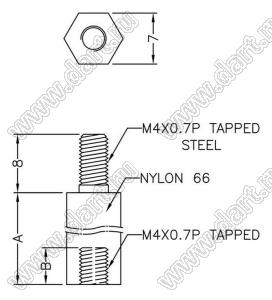 MTPC4-57 стойка круглая со стальными резьбовыми вставками М4х0,7; нейлон-66 (UL); натуральный; A=57,0мм; B=10,0мм