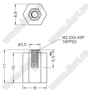 HPB2.5-10 стойка круглая со стальными резьбовыми вставками М2.5х0,45; нейлон-66 (UL) / латунь; черный