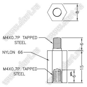 MTPA4-15VG стойка круглая со стальными резьбовыми вставками; M4x0,7; A=15,0мм; B=6,0мм; C=8,0мм; E=6,0мм; нейлон-66 (UL) / сталь; натуральный