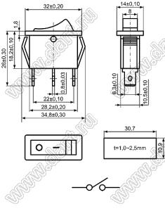 KCD3-A1-102O81CBB переключатель клавишный ON-ON; 32,0х14,0мм; 15A/30A 250VAC; толкатель черный/корпус черный; без подсветки;  без маркировки; терминалы 6,3x0,8мм