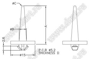 MCF-4213 фиксатор платы с защелкой в плату; поликарбонат PC (UL); белый; A=40,0мм; B=3,95мм; C=1,3мм; D=1,0~1,3мм