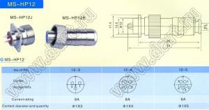 HP12-3PWF/YC разъем промышленный металлический (комплект: вилка с фланцем на прибор+розетка на кабель); 3-конт.; Iконт.=8А; никелирование