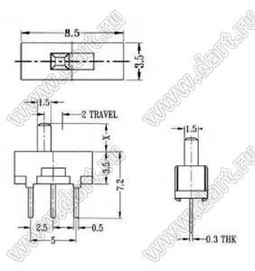 SS-12D00-G4 переключатель движковый прямой 1P2T; Uном=50В; I max=0,5А