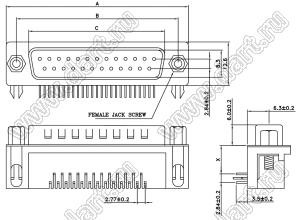 DS1037-1-09M-A (5504-09P-B, DRB-09MB) вилка угловая D-SUB для пайки на плату; 9-конт.; с защелками в плату и установленными шестигранными стойками