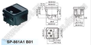 SP-861A1B01 (R-3014, AS-08) вилка IEC60320(C14) сетевого питания с предохранителем и защелками на панель толщиной 1,3мм
