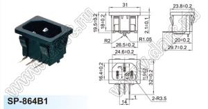 SP-864B1 (R-301SN(12)) вилка IEC60320(C14) угловая сетевого питания с защелками на панель, для пайки в плату