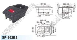 SP-862B2+KCD1-104-2CH-201O11BB (MIRS-201A-2C3-B) блок вилка IEC60320(C14) сетевого питания с выключателем KCD1-104-3-201O11BB и держателем предохранителя на винтах на панель