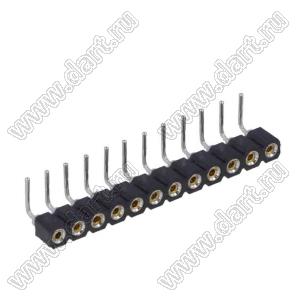 DS1002-01-1x12R13 (SCSL-12R, PBSM-1x12R) гнездо цанговое угловое однорядное для выводного монтажа; P=2,54мм; 12-конт.