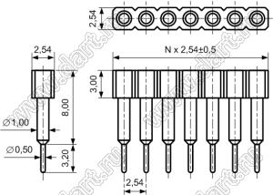 DS1002-07-1x021313 гнездо цанговое прямое однорядное приподнятое для выводного монтажа; P=2,54мм; 2-конт.