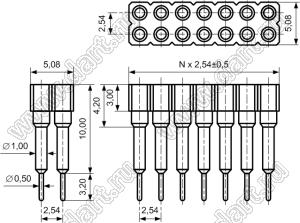 DS1002-07-2x171325 гнездо цанговое прямое двухрядное приподнятое для выводного монтажа; P=2,54x2,54мм; 2x17-конт.