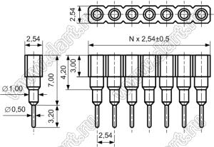 DS1002-07-1x091322 гнездо цанговое прямое однорядное приподнятое для выводного монтажа; P=2,54мм; 9-конт.