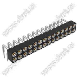 DS1002-01-2x14R13 (SCDL-014R, PBDM-2x14R) гнездо цанговое угловое двухрядное для выводного монтажа; P=2,54мм; 2x14-конт.