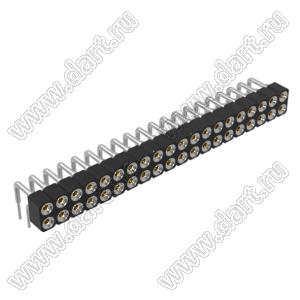 DS1002-01-2x20R13 (SCDL-020R, PBDM-2x20R) гнездо цанговое угловое двухрядное для выводного монтажа; P=2,54мм; 2x20-конт.