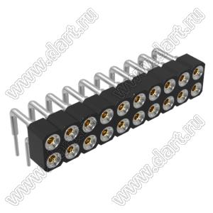 DS1002-01-2x10R13 (SCDL-010R, PBDM-2x10R) гнездо цанговое угловое двухрядное для выводного монтажа; P=2,54мм; 2x10-конт.