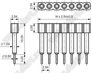 DS1002-07-1x101315 гнездо цанговое прямое однорядное приподнятое для выводного монтажа; P=2,54мм; 10-конт.