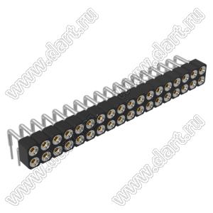 DS1002-01-2x18R13 (SCDL-018R, PBDM-2x18R) гнездо цанговое угловое двухрядное для выводного монтажа; P=2,54мм; 2x18-конт.