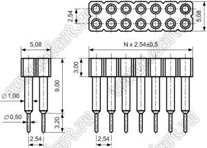 DS1002-07-2x051314 гнездо цанговое прямое двухрядное приподнятое для выводного монтажа; P=2,54x2,54мм; 2x5-конт.