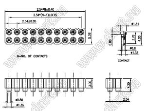 DS1002-06-2x1668 гнездо цанговое прямое двухрядное для выводного монтажа; P=2,54x2,54мм; 2x16-конт.