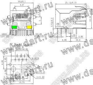 SK02-111015NL (ZPY-4109DHLF)-SOCKET гнездо RJ-45 8P8C с фильтром и светодиодами на плату угловое