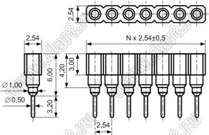 DS1002-07-1x011321 гнездо цанговое прямое однорядное приподнятое для выводного монтажа; P=2,54мм; 1-конт.