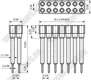 DS1002-07-2x141328 гнездо цанговое прямое двухрядное приподнятое для выводного монтажа; P=2,54x2,54мм; 2x14-конт.