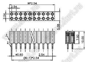 DS1002-03-2x396T1F6 (6803S-39-70) гнездо цанговое прямое двухрядное для выводного монтажа; P=2,54x2,54мм; 2x39-конт.