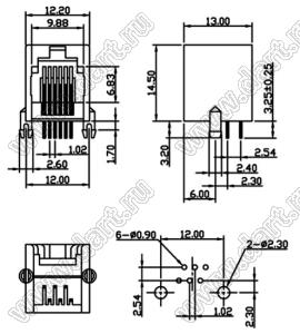 TJ1A-6P6C (RJ12)-SOCKET розетка телефонная RJ-12