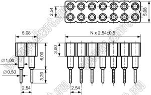 DS1002-07-2x321311 гнездо цанговое прямое двухрядное приподнятое для выводного монтажа; P=2,54x2,54мм; 2x32-конт.