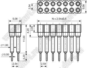 DS1002-07-2x401326 гнездо цанговое прямое двухрядное приподнятое для выводного монтажа; P=2,54x2,54мм; 2x40-конт.