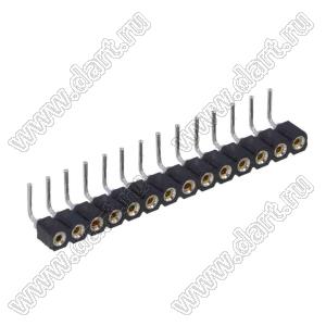 DS1002-01-1x14R13 (SCSL-14R, PBSM-1x14R) гнездо цанговое угловое однорядное для выводного монтажа; P=2,54мм; 14-конт.