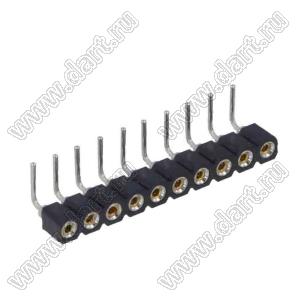 DS1002-01-1x10R13 (SCSL-10R, PBSM-1x10R) гнездо цанговое угловое однорядное для выводного монтажа; P=2,54мм; 10-конт.