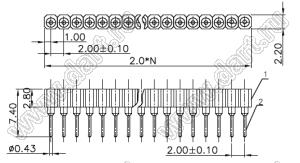 DS1002-02-1x126T1F6 (6831S-12) гнездо цанговое прямое однорядное для выводного монтажа; P=2,00мм; 12-конт.
