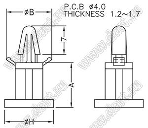 MBS-6 фиксатор платы с защелкой; dп=4,0мм; s=1,2...1,7мм; нейлон-66 (UL); A=6,4мм; B=11,4мм; H=11,8мм; натуральный