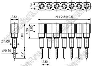 DS1002-07-1x071323 гнездо цанговое прямое однорядное приподнятое для выводного монтажа; P=2,54мм; 7-конт.